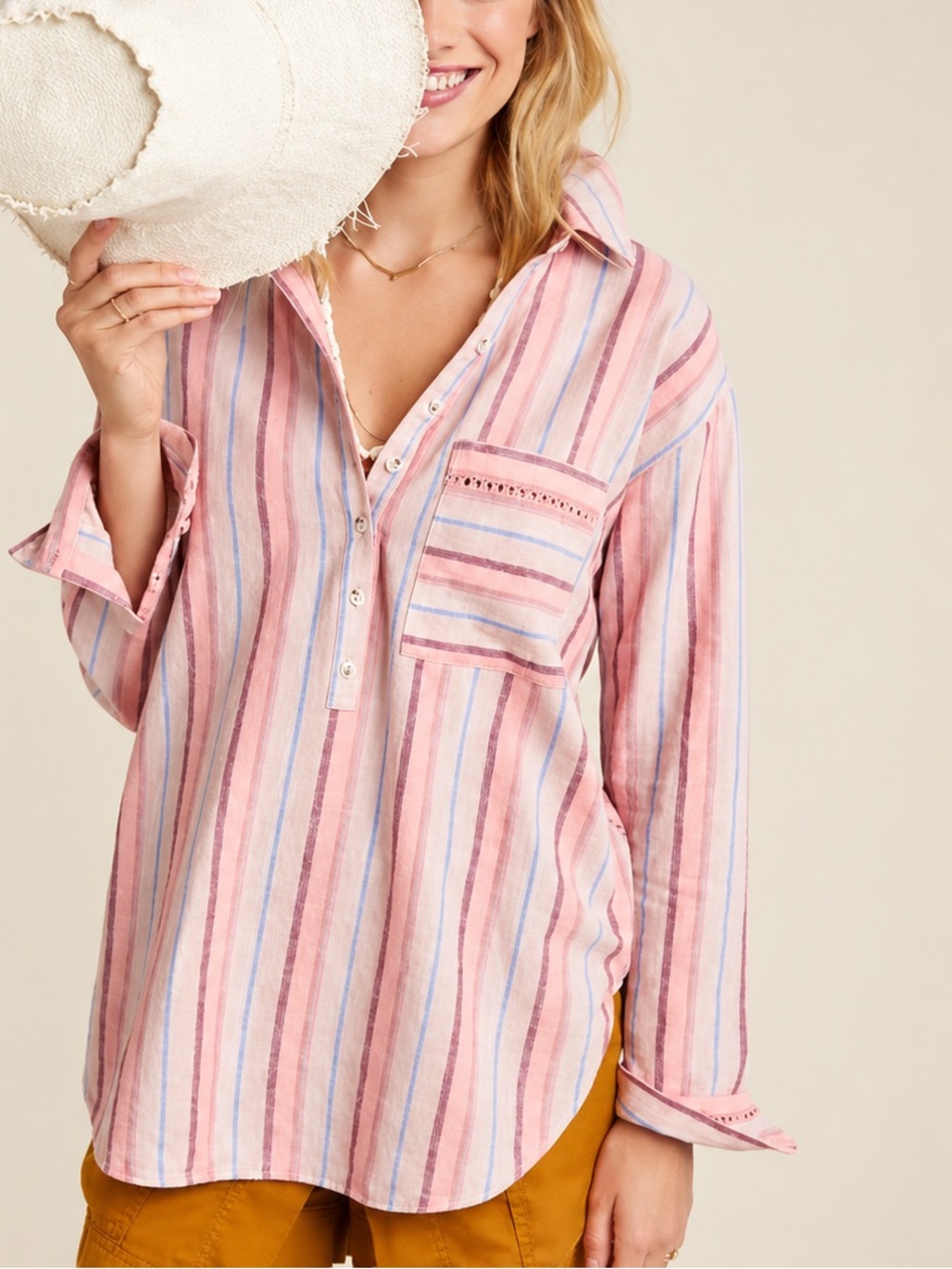 Anthropologie Maeve Lida Linen Striped Henley Top Boho Preppy Coastal Size M